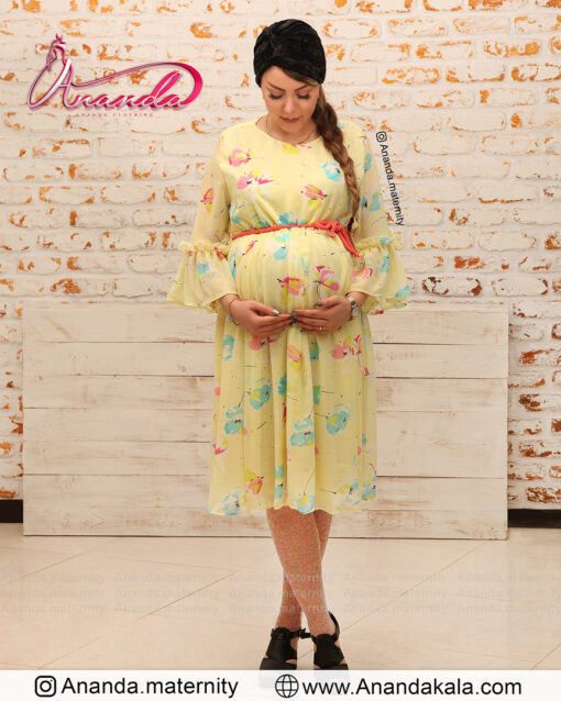 تونیک بارداری - لباس بارداری - تونیک حاملگی مدل گل آرا رنگ لیمویی