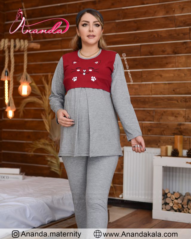 لباس بارداری خانگی - لباس حاملگی خانگی مدل کتی رنگ زرشکی